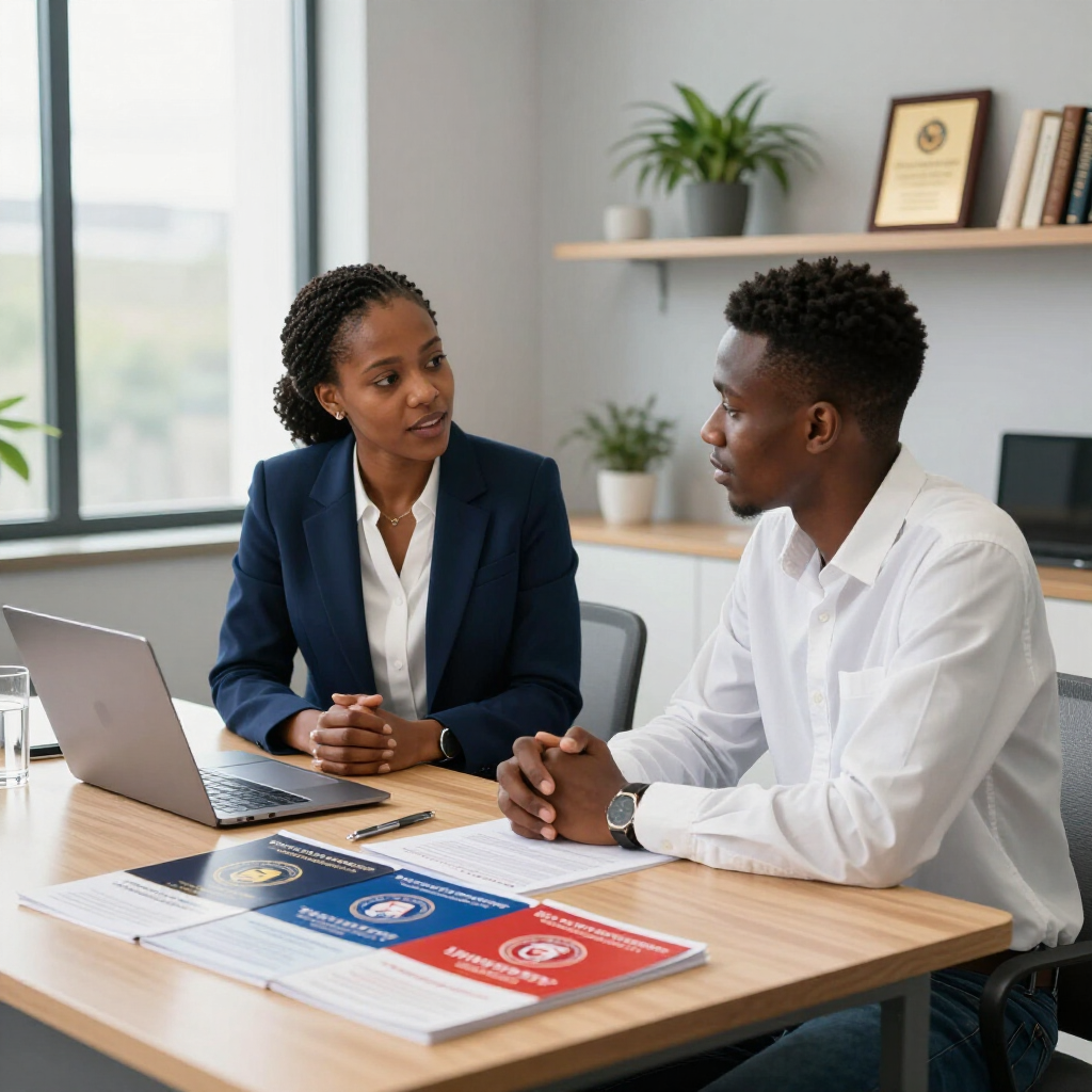 Harare students consulting with advisors at a desk, reviewing documents and planning study abroad with Prestige Scholar