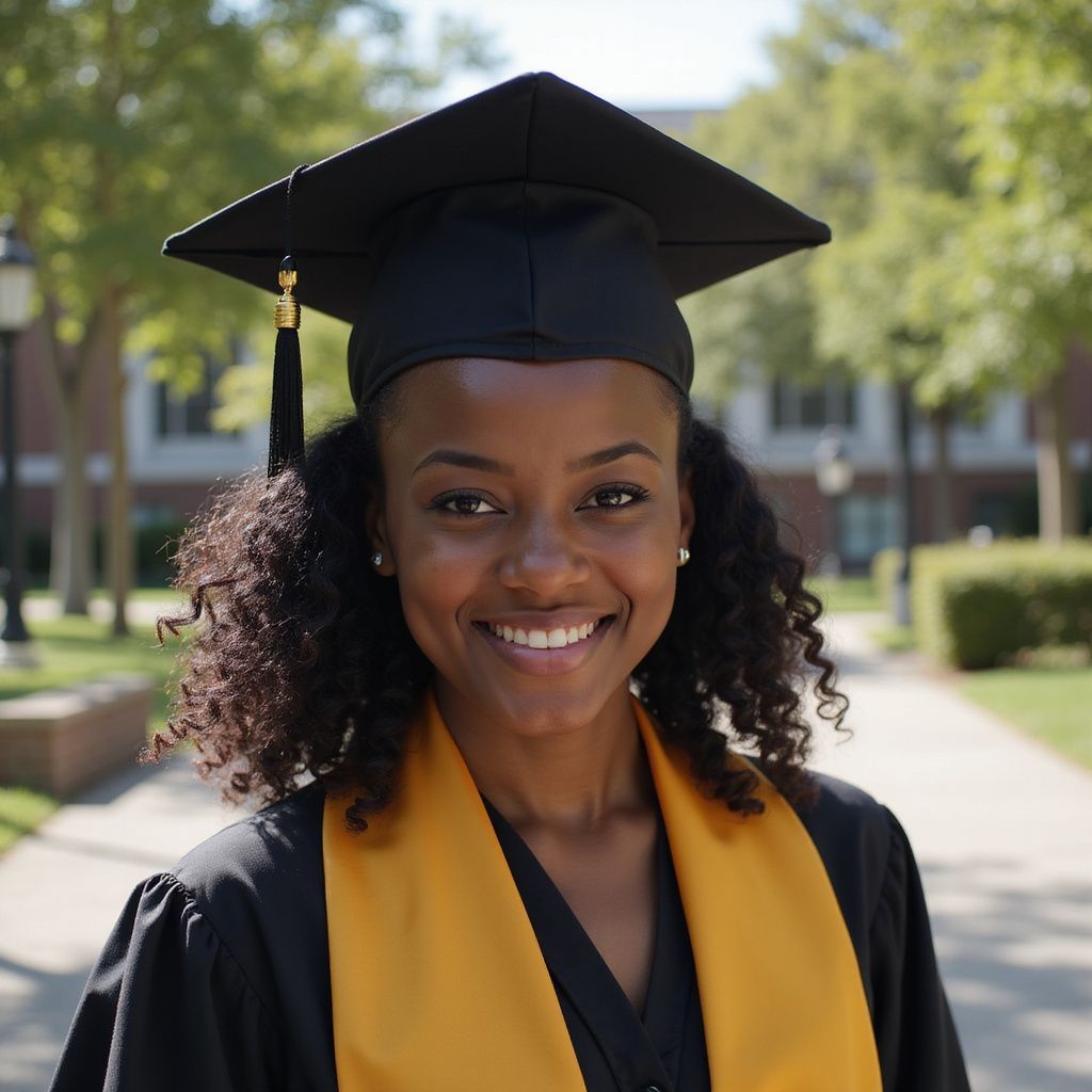 Prestige Scholar young female graduate in cap and gown smiling outdoors