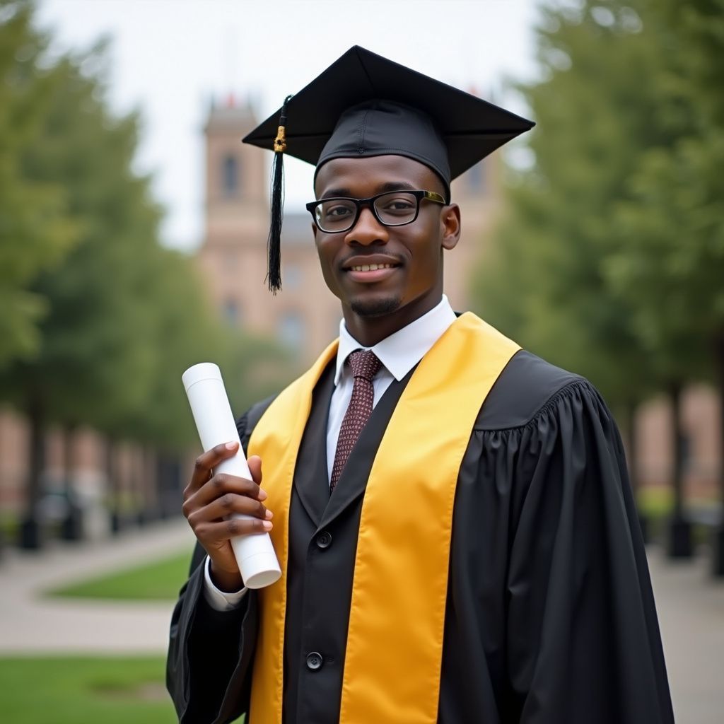Prestige Scholar male graduate smiling outdoors in black cap and gown with gold sash, holding diploma