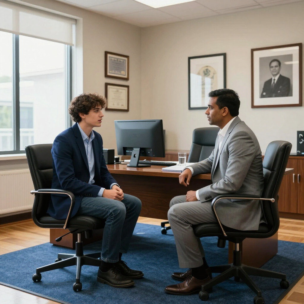 Two people in business attire sit facing each other in an office, engaged in conversation across a desk.