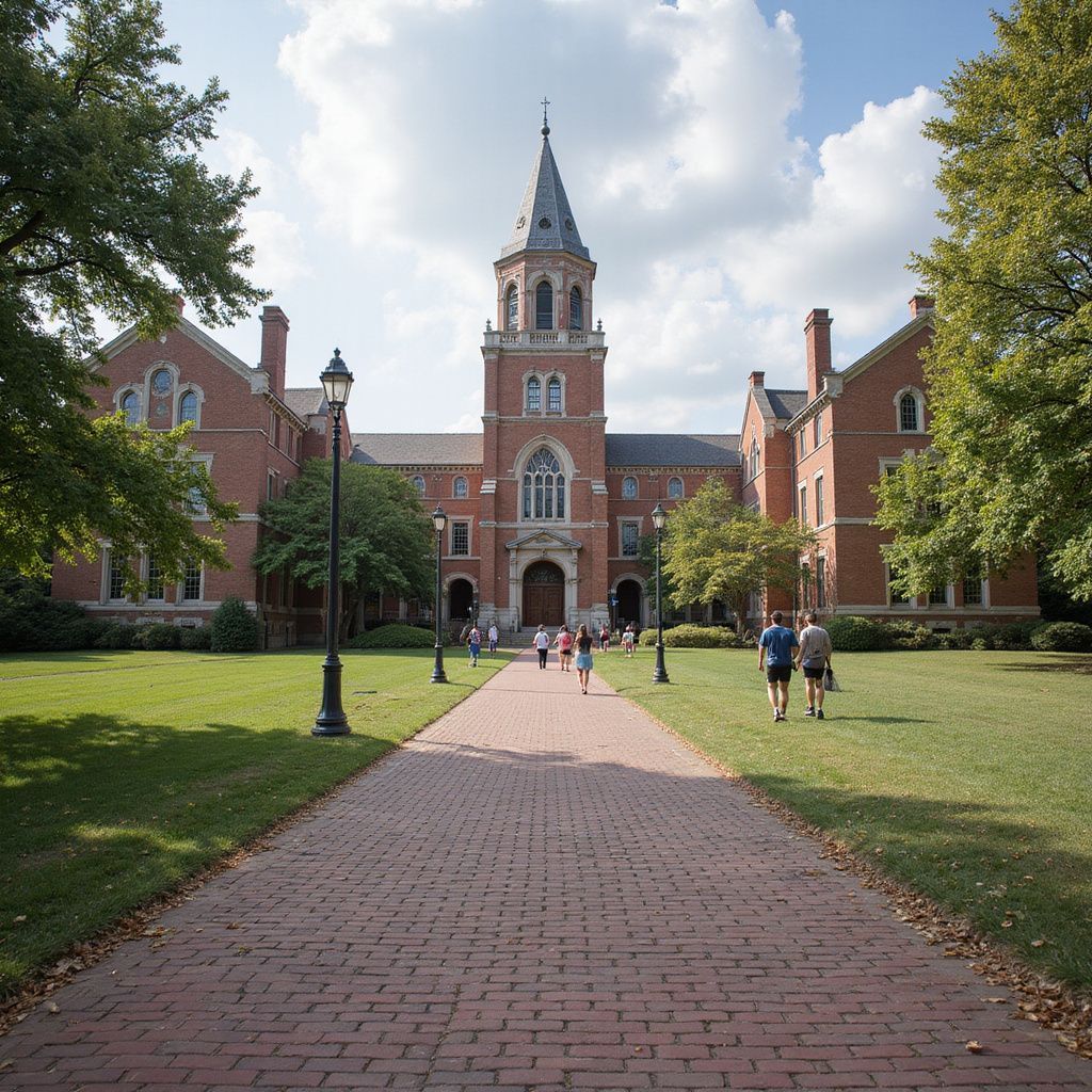 Prestige Scholar campus pathway leading to brick building with tall tower, people walking on path and grass