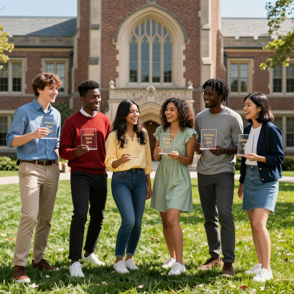 Victoria Falls students holding award plaques for academic and study abroad achievements with Prestige Scholar