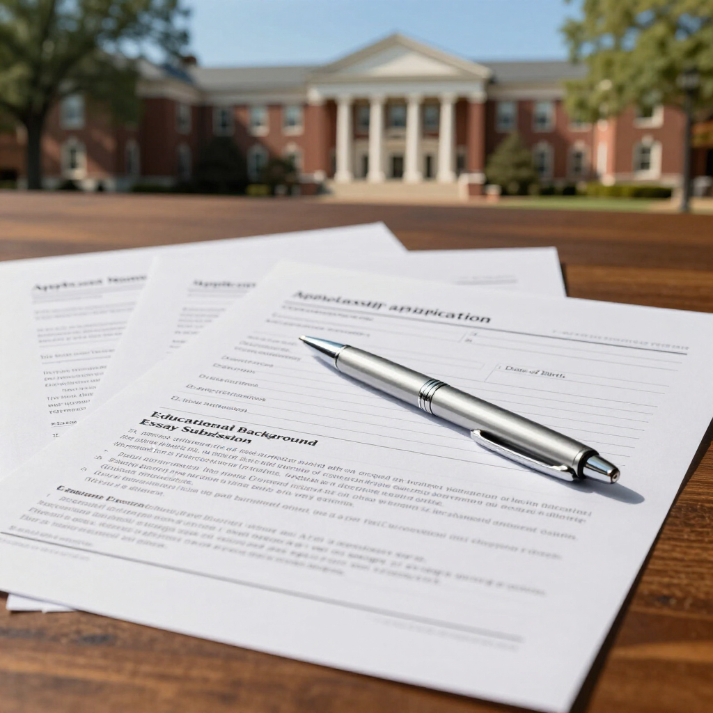  scholarship applications with pen on desk, representing Victoria Falls students preparing study abroad with Prestige Scholar
