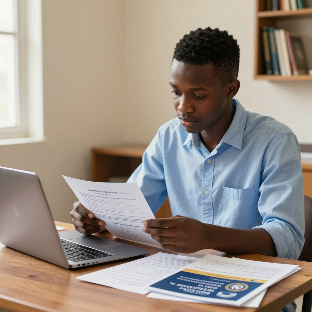 Student in Victoria Falls preparing university applications on a laptop with Prestige Scholar support