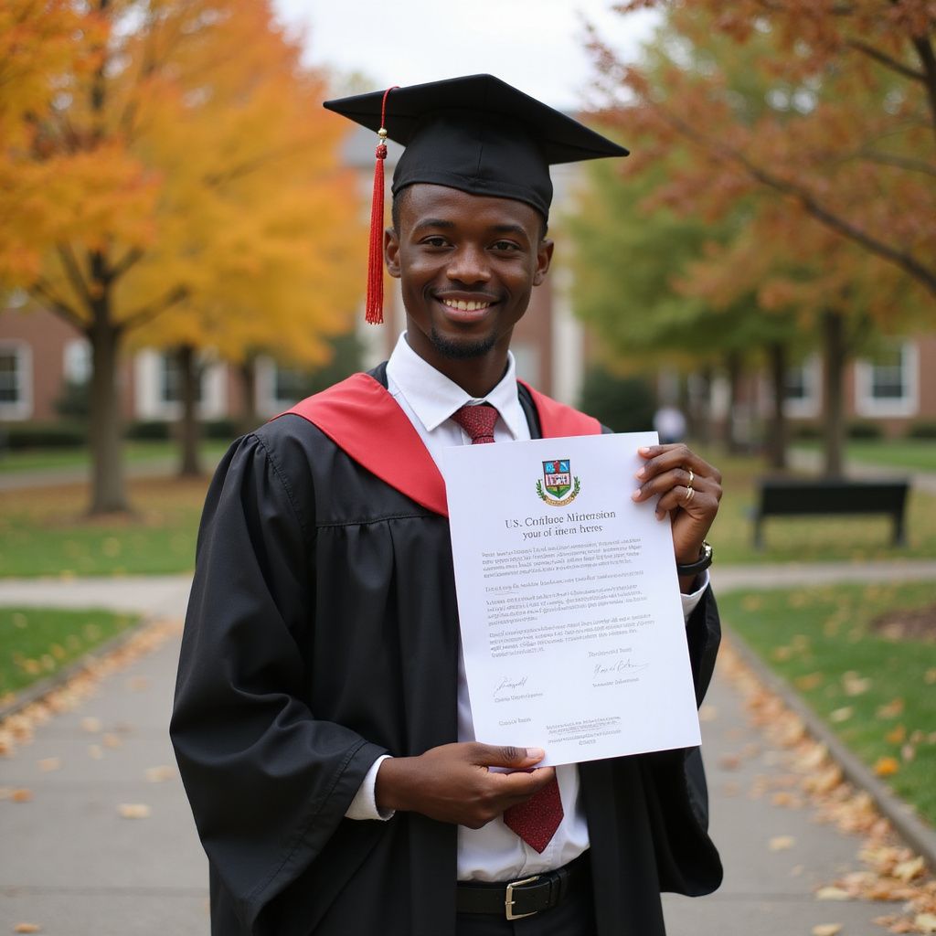 Prestige Scholar male graduate in cap and gown holding diploma, smiling outdoors in a fall setting with colorful trees