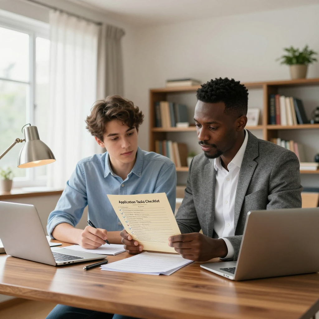 “Education advisor helping a Victoria Falls student prepare study abroad applications with Prestige Scholar.”