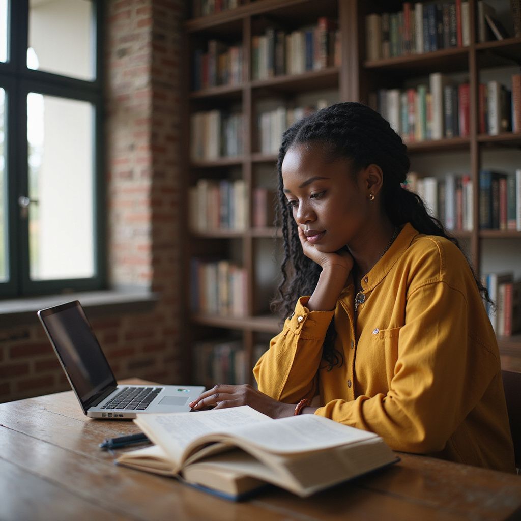 Prestige Scholar young Black female student studying at a table with laptop and book in a library