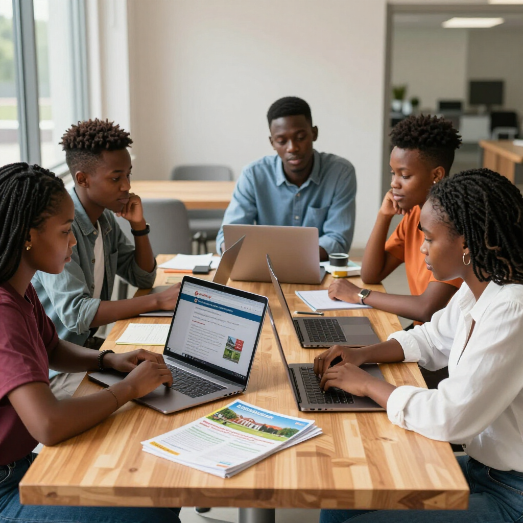 Four individuals sit around a wooden table in an office, working on laptops and reviewing documents.