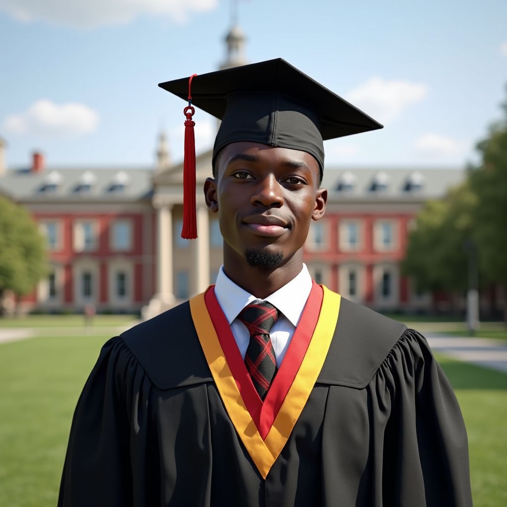 Prestige Scholar Black graduate smiling in cap and gown with red and yellow regalia, academic building in background