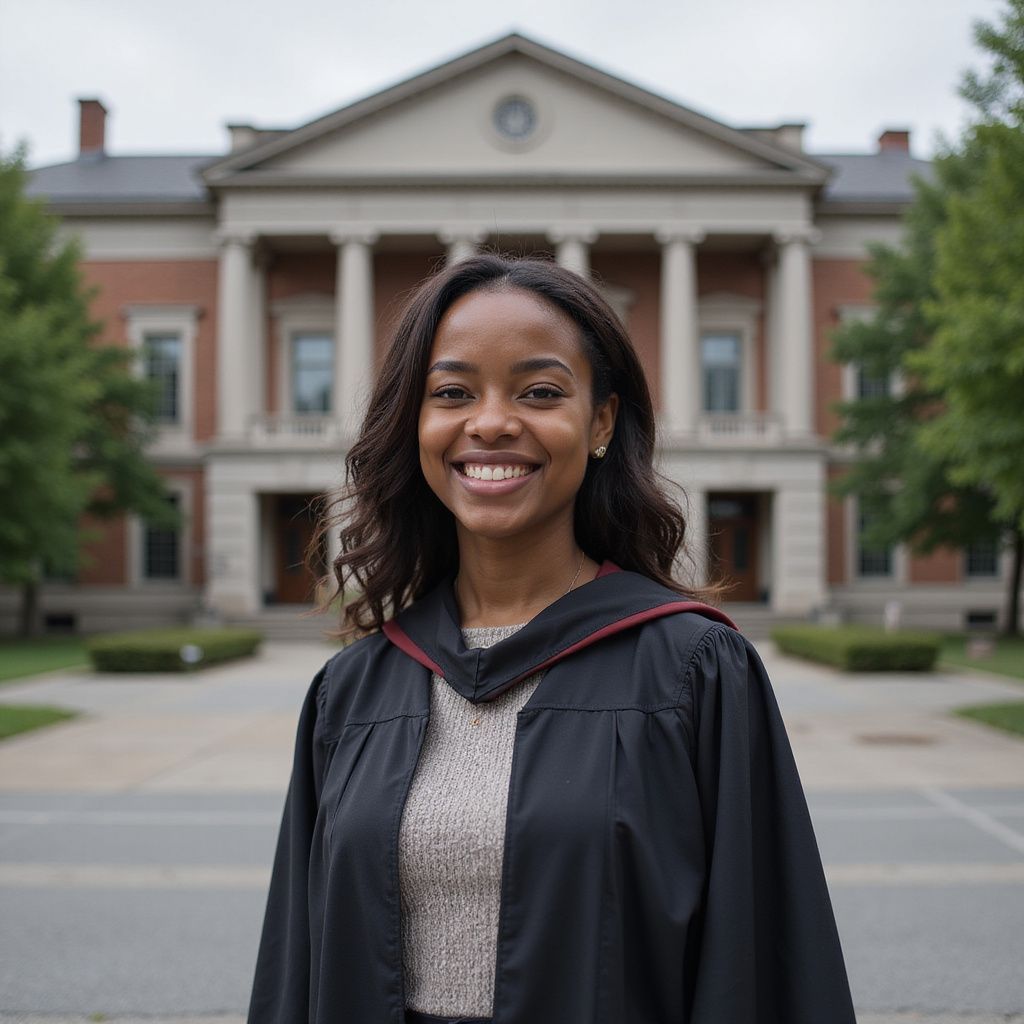 Prestige Scholar female graduate smiling in cap and gown in front of brick academic building with columns