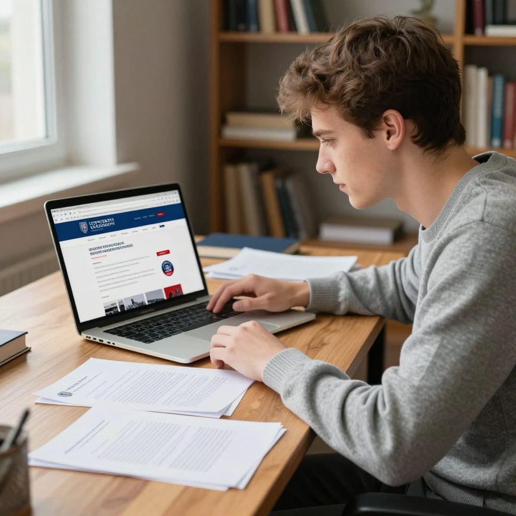 Masvingo student working at a desk with laptop and papers, preparing study abroad applications with Prestige Scholar guidance