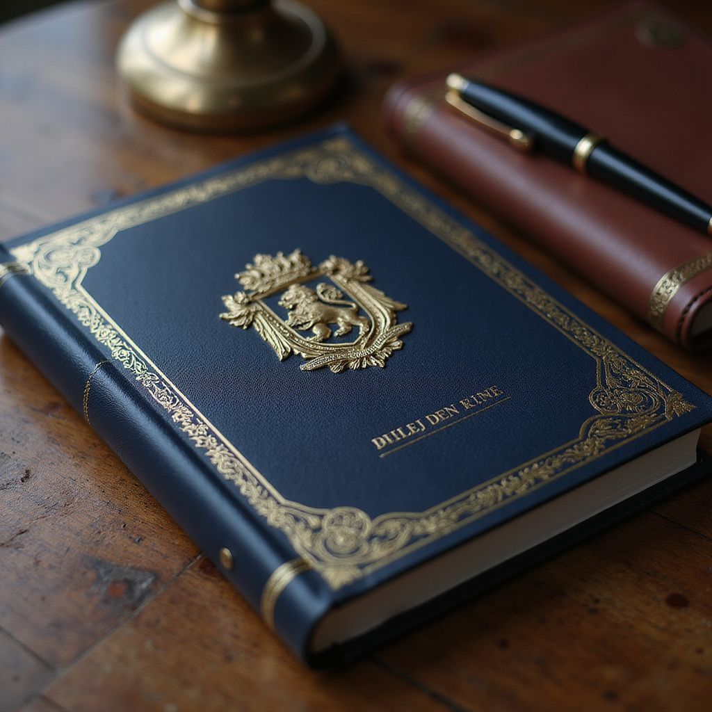 Prestige Scholar blue journal with gold detailing and emblem on wooden table next to leather-bound notebook and pen