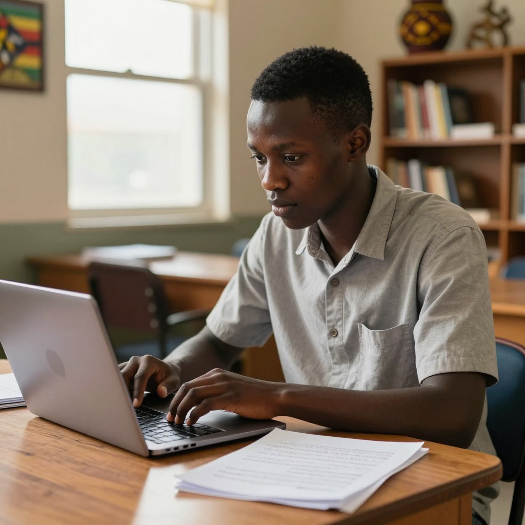 Kwekwe student focused on typing at a desk with papers, preparing study abroad applications with Prestige Scholar guidance