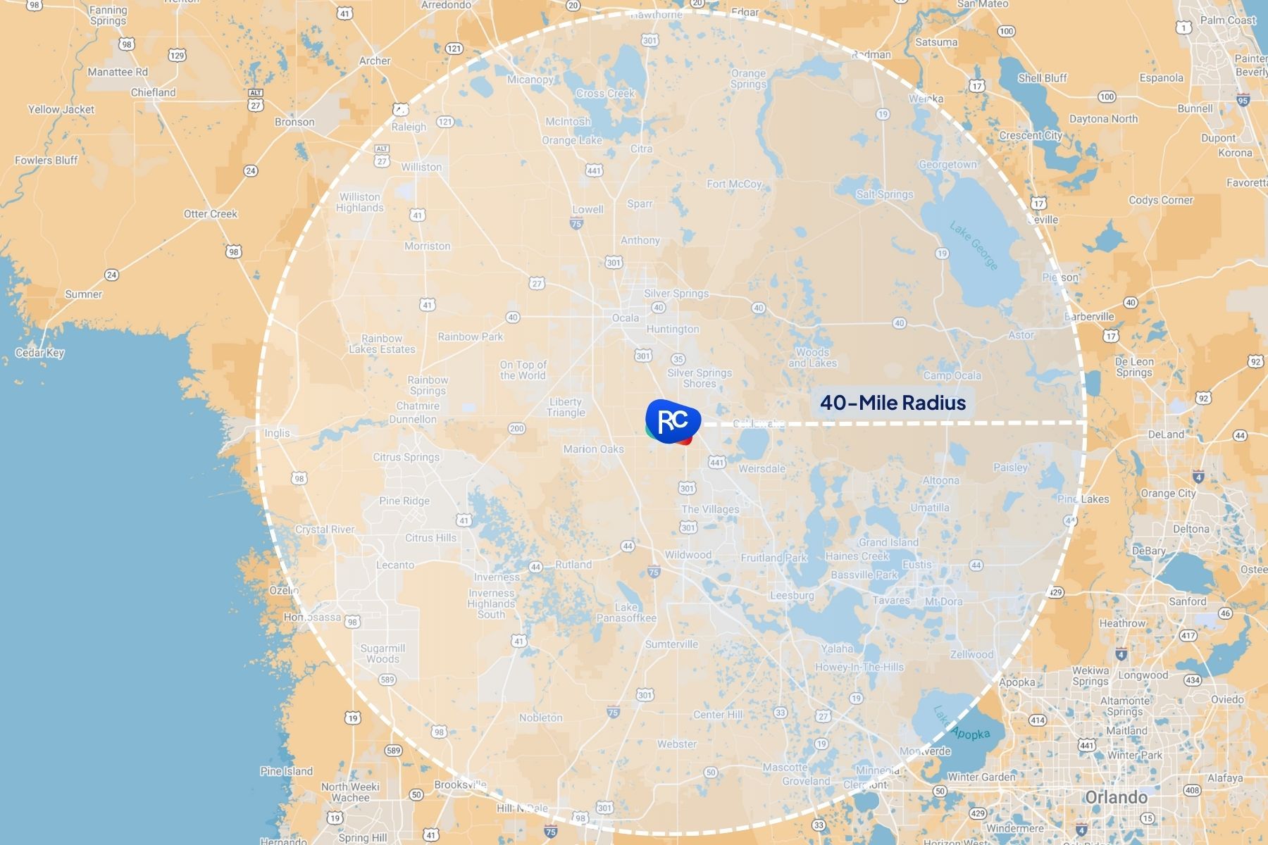 A map indicating RC Home Pros' radius of service, which is 40 miles around its office in Belleview