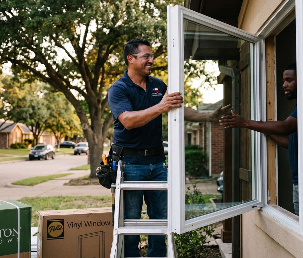 A professional window contractor on a ladder installs a new, energy-efficient white vinyl window on a suburban home in Mesquite, Texas. In the background, a sunny, tree-lined Texas neighborhood street is visible. In the foreground, branded cardboard boxes for vinyl windows sit near the ladder, perfectly capturing a home improvement upgrade designed for hot Texas weather.