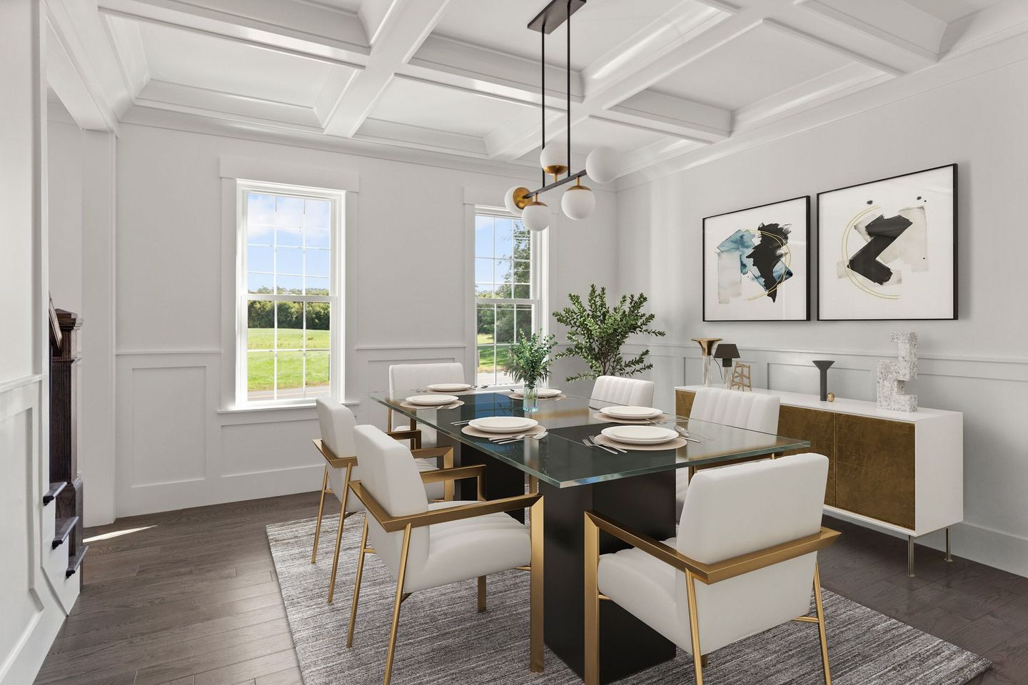 A dining room with a glass table and chairs