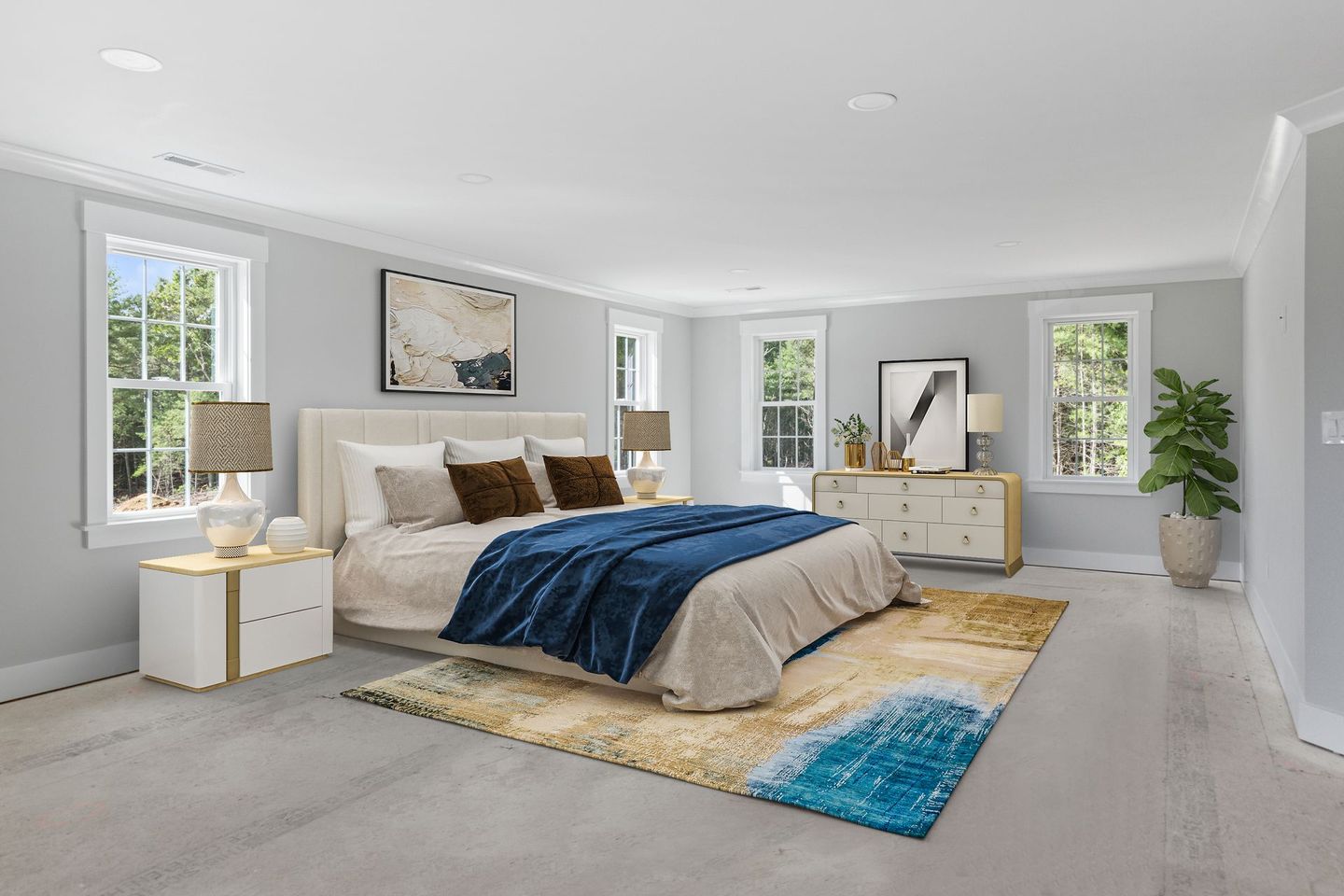 A bedroom with a large bed , dresser , nightstands , and a rug.