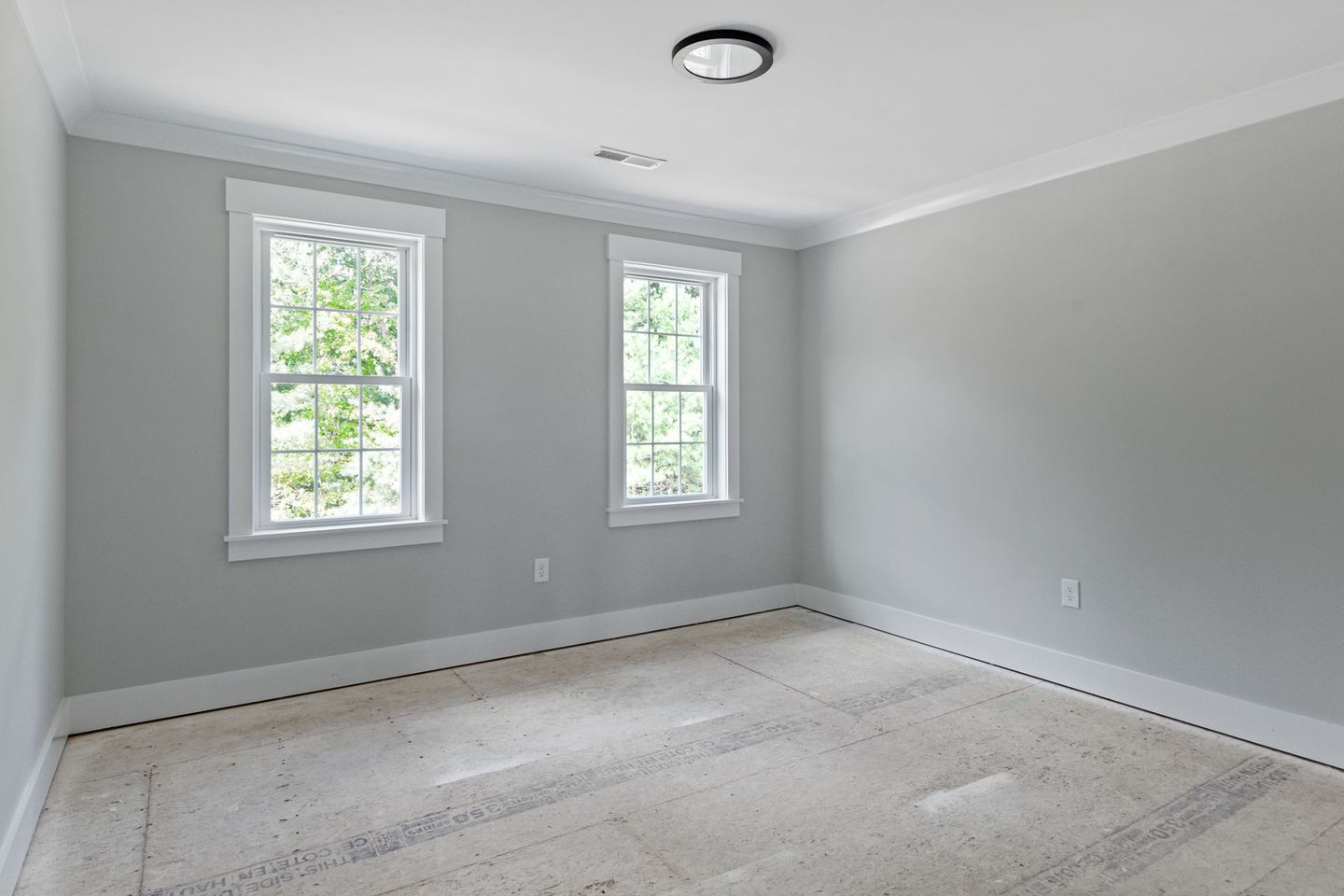 An empty bedroom with two windows and a carpeted floor.