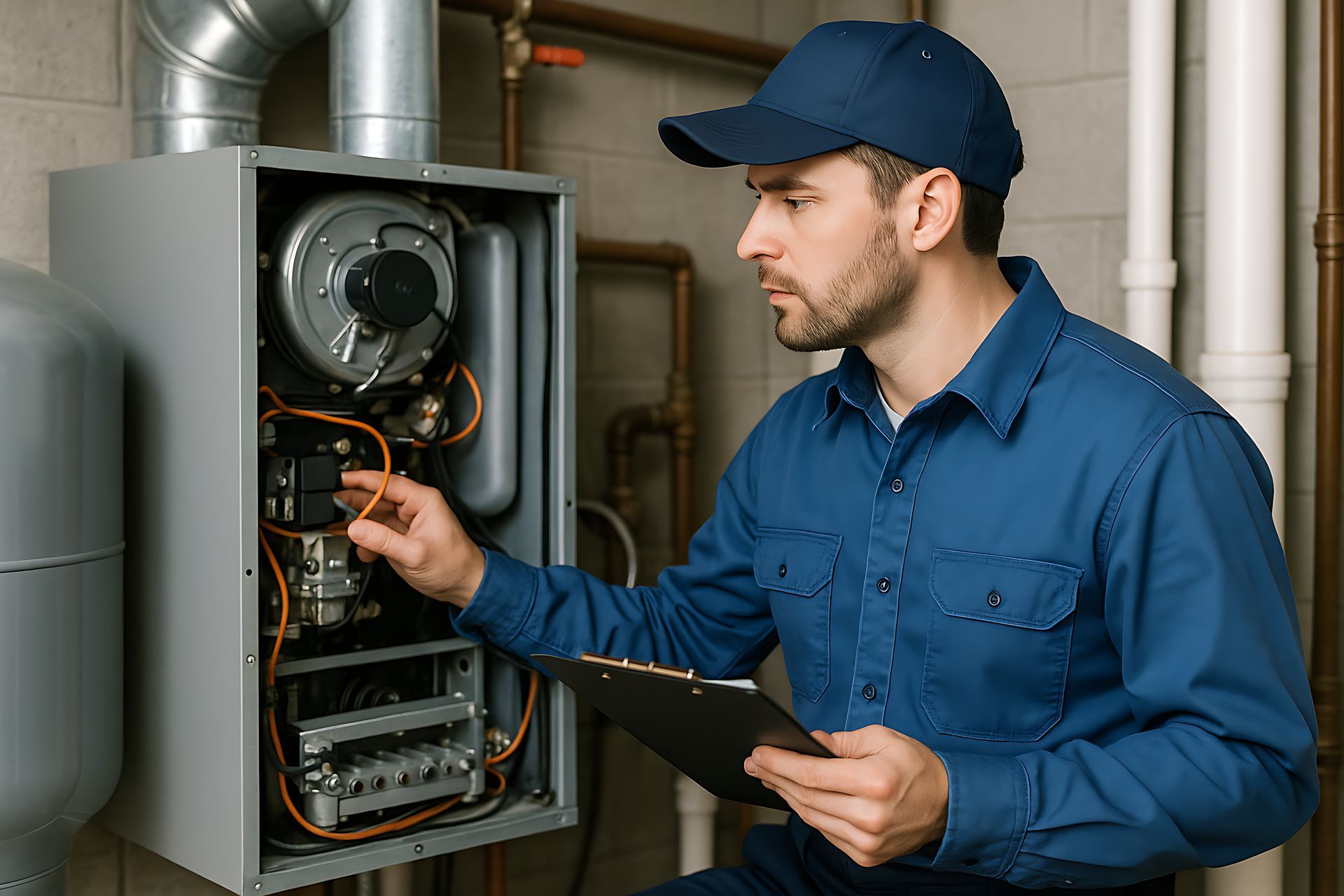 A technician inspecting a furnace unit during an expert commercial heating installation project.