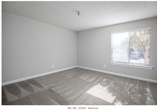 An empty bedroom with a window and a carpet
