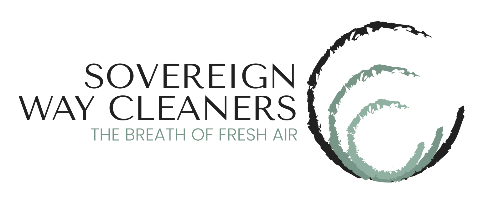 Logo for Sovereign Way Cleaners featuring text and a stylized graphic of swirling lines.