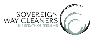 Logo for Sovereign Way Cleaners featuring text and a stylized graphic of swirling lines.