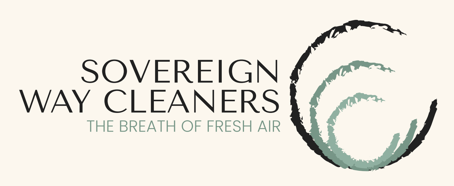 Logo for Sovereign Way Cleaners, featuring text and an abstract design of black and green concentric shapes, on a light background.