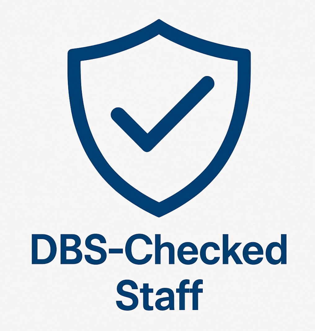 Blue shield icon with checkmark, text "DBS-Checked Staff" below.