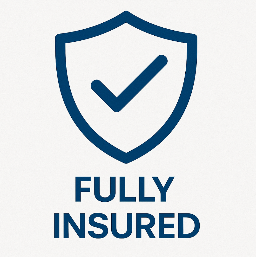 Blue shield with a checkmark, text below reads "FULLY INSURED".