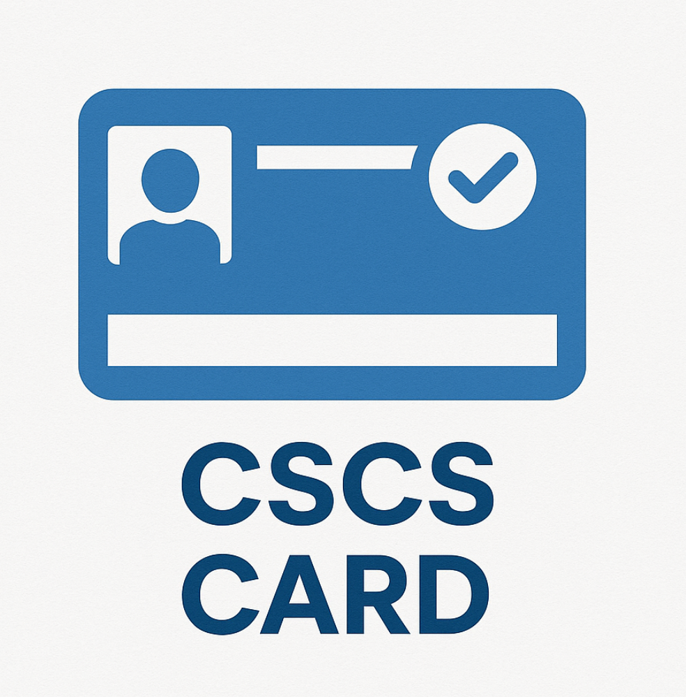 Blue CSCS card icon with a person silhouette, checkmark, and text "CSCS CARD" below.