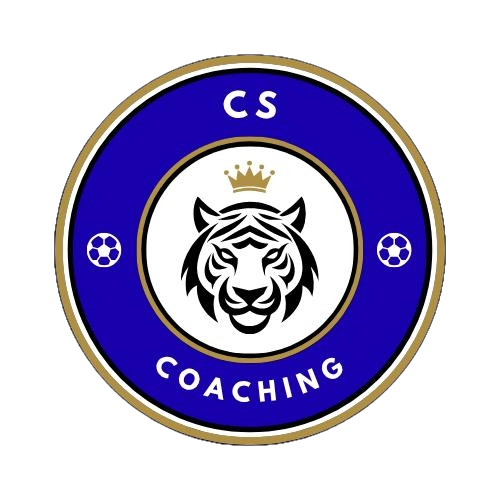 CS Coaching logo: blue and gold circular badge with tiger head, crown, soccer balls, and text 