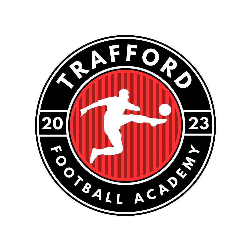 Trafford Football Academy logo. White silhouette of a player kicking a ball inside a red-striped circle. Black text and border.