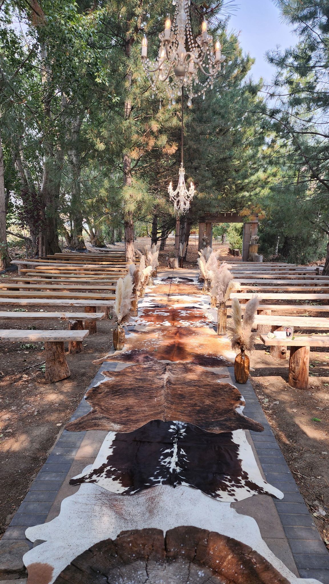 A bride and groom walk down a path between wooden benches in a wooded outdoor wedding ceremony setting.