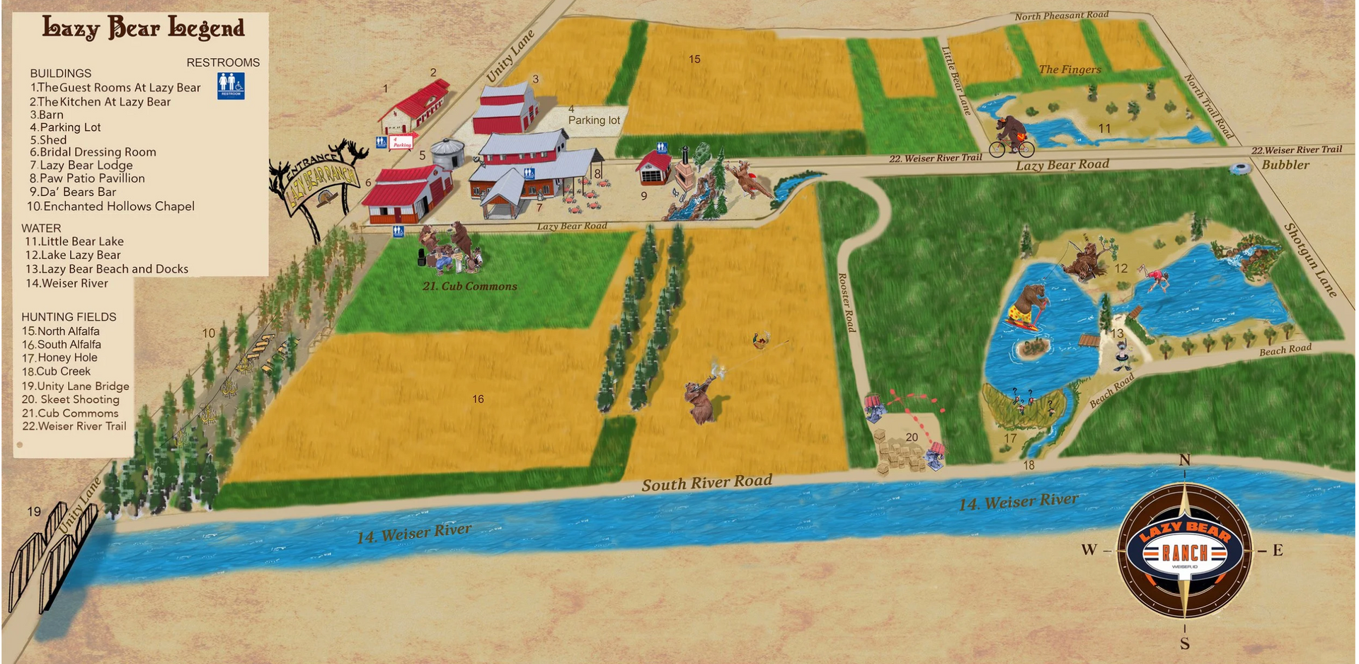 Illustrated map of Stony Bear Vineyard showing buildings, crop fields, ponds, and a river, with a legend and compass rose.
