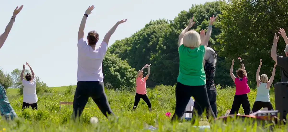 Group of people with their arms overhead practicing the flowing movements characteristic of Dru Yoga.