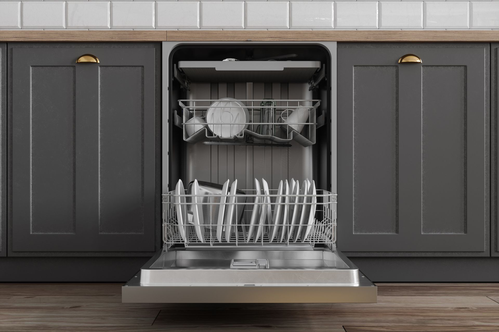 An open dishwasher in a kitchen with plates and silverware in it.