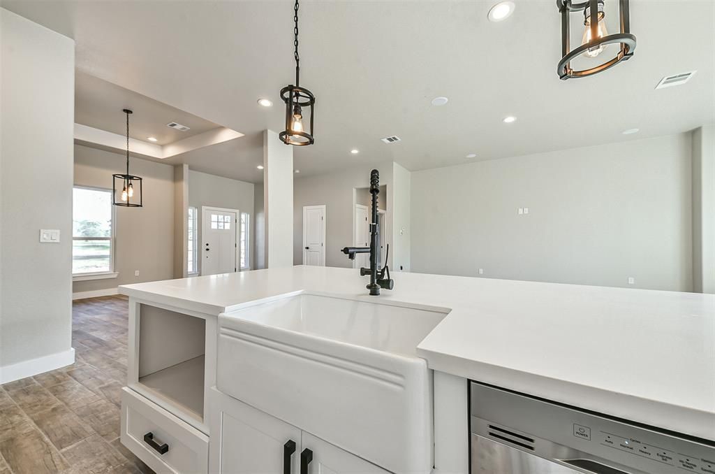 A kitchen with a large sink and a dishwasher.
