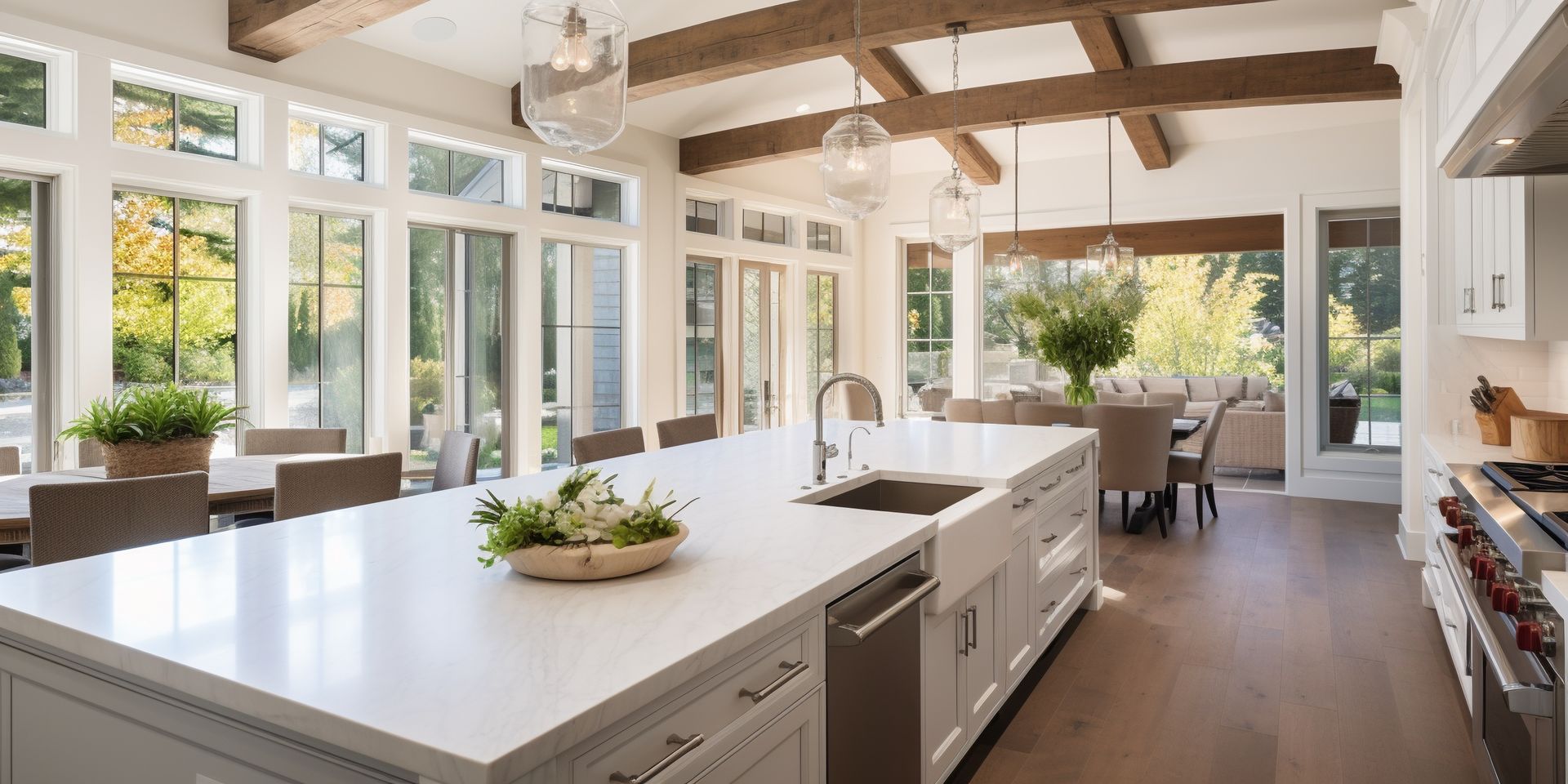 Bright, modern kitchen featuring a large white island with a farmhouse sink, wooden ceiling beams