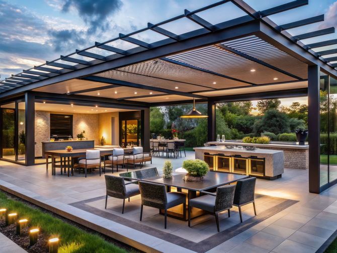 A modern outdoor patio with a dining area, kitchen island, and pergola, illuminated by soft lighting at twilight.