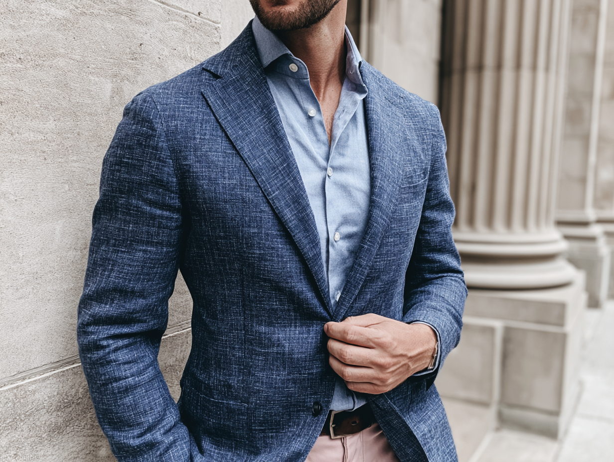 Business casual menswear showcasing a sport coat, dress shirt and tailored pants