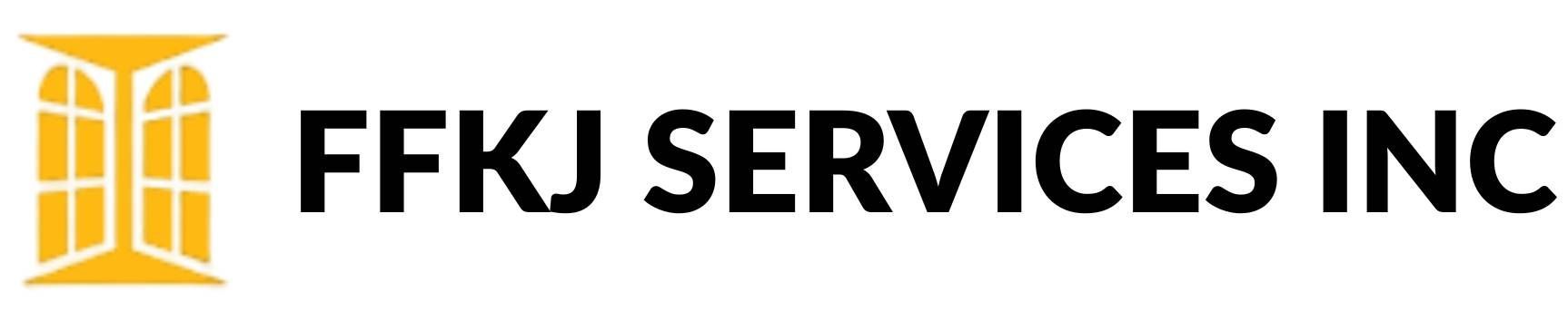 Logo for FFKJ Services Inc, featuring a stylized yellow window icon and white text on a blurred background.