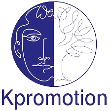 Un logo pour une entreprise appelée kpromotion avec un dessin d'un visage dans un cercle.
