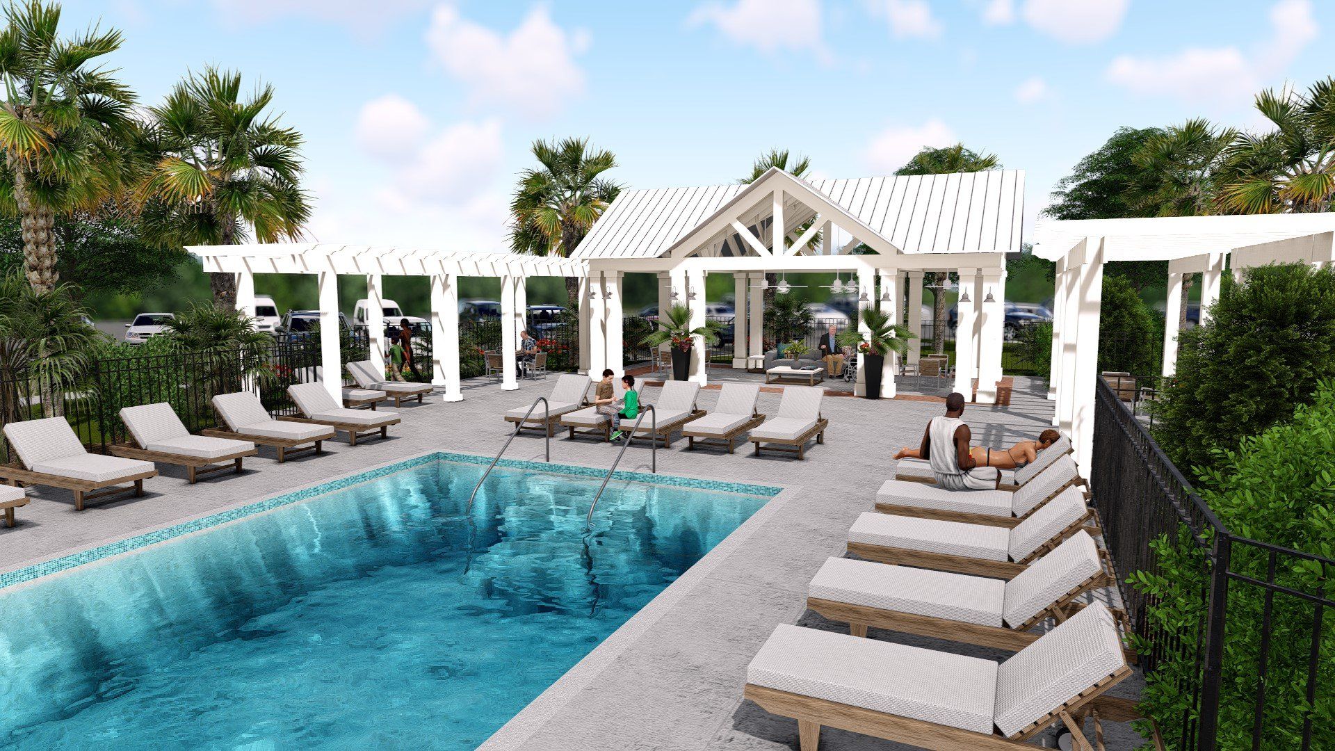 an artist 's impression of a large swimming pool surrounded by lounge chairs .