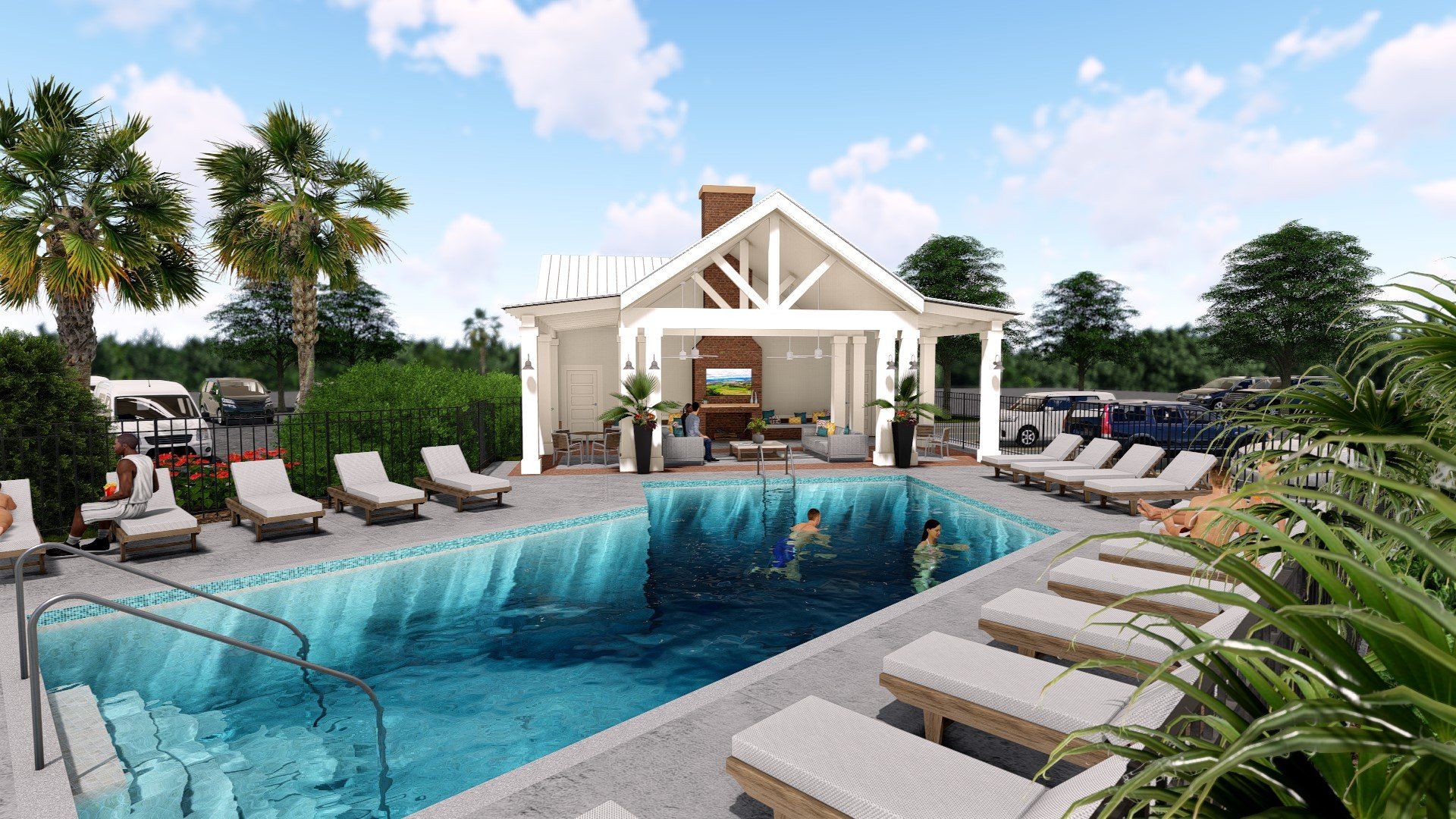 an artist 's impression of a swimming pool with a gazebo in the background .
