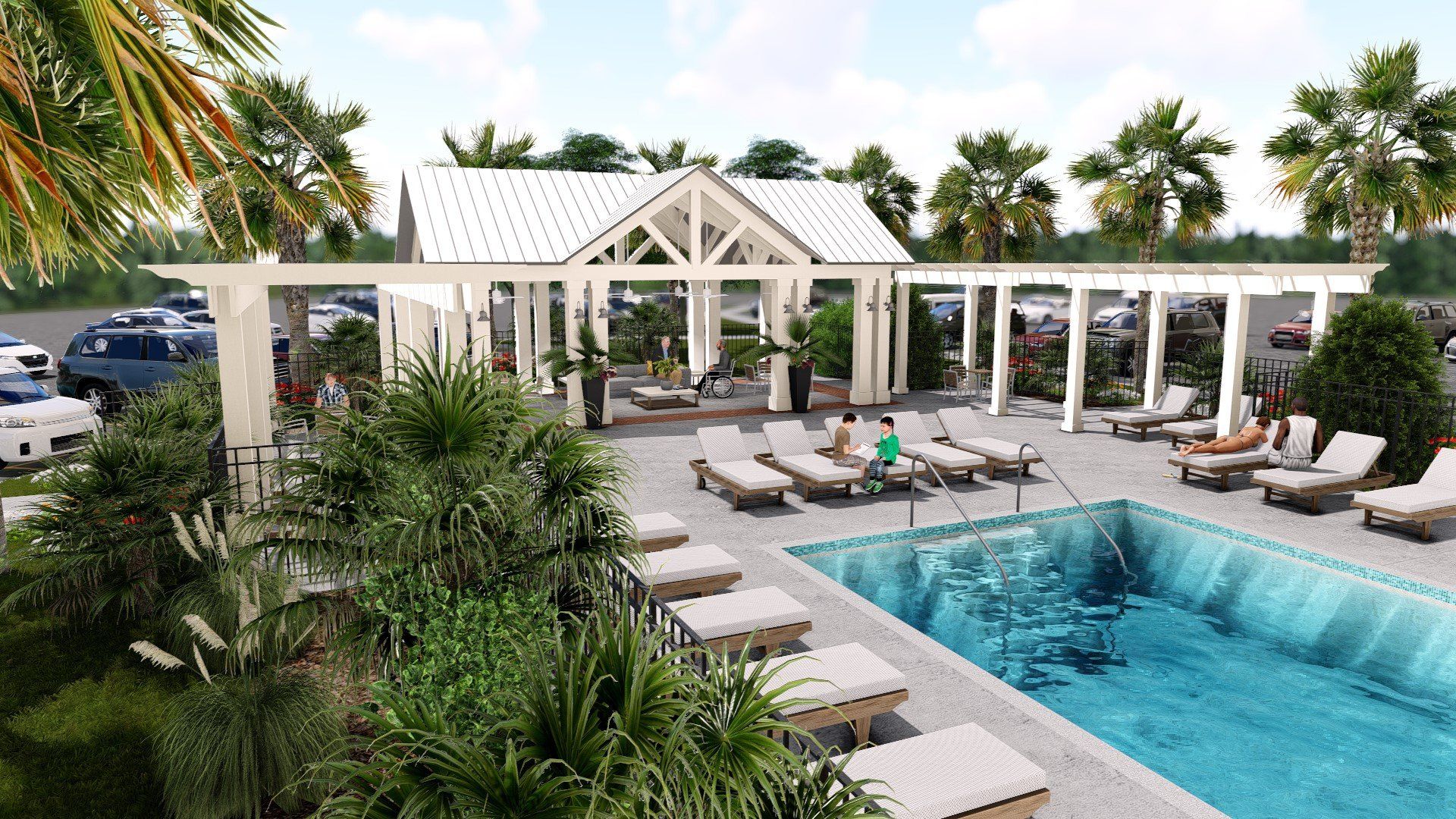 an artist 's impression of a swimming pool surrounded by lounge chairs and palm trees .
