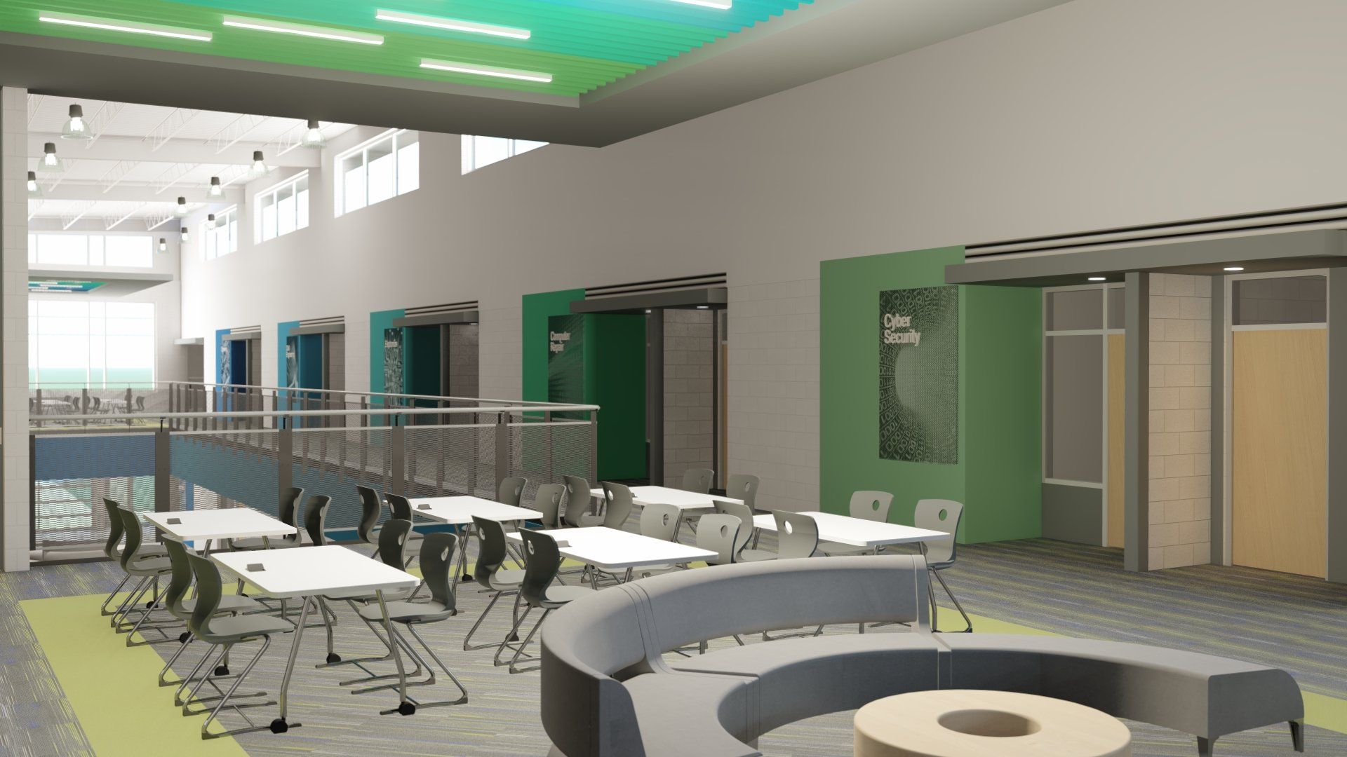 an artist 's impression of a school cafeteria with tables and chairs .