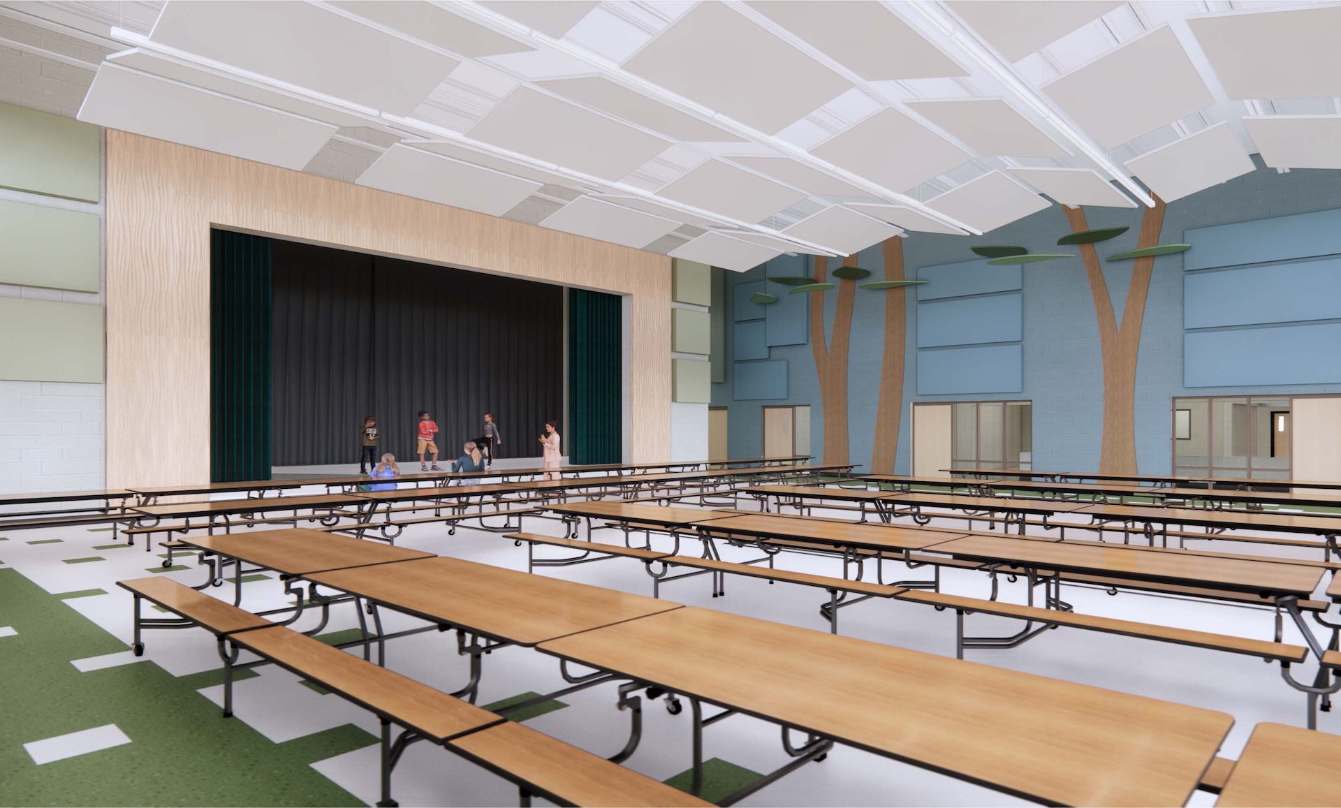an artist 's impression of a school cafeteria with tables and benches and a stage .