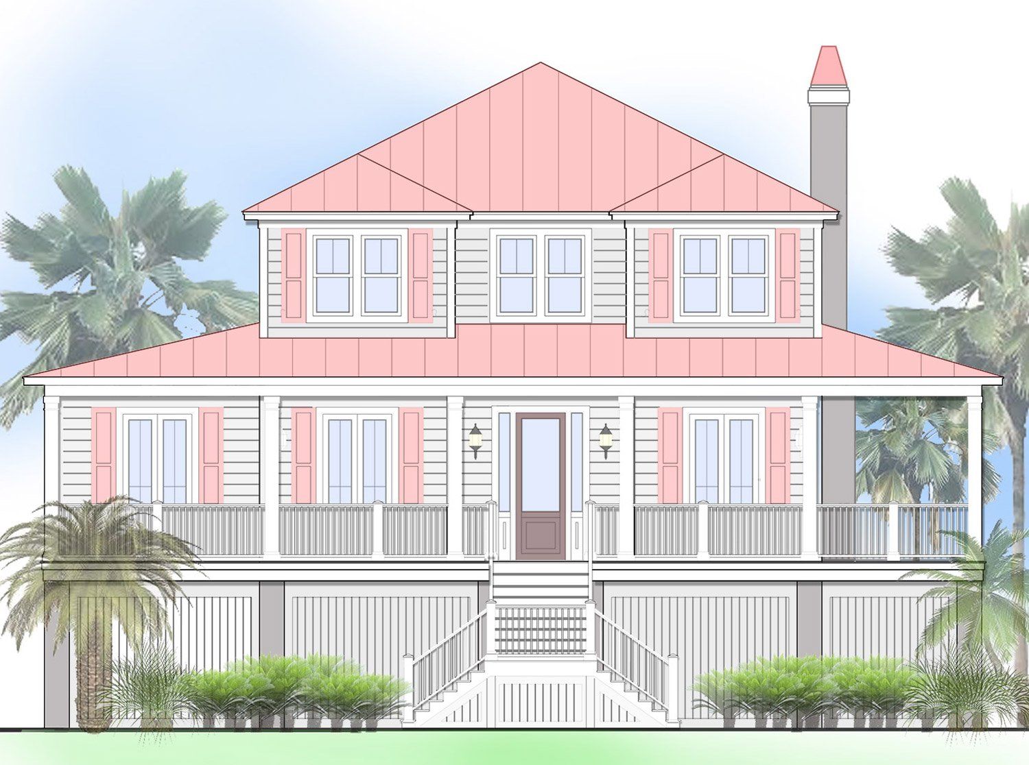 a drawing of a house with a pink roof and white shutters