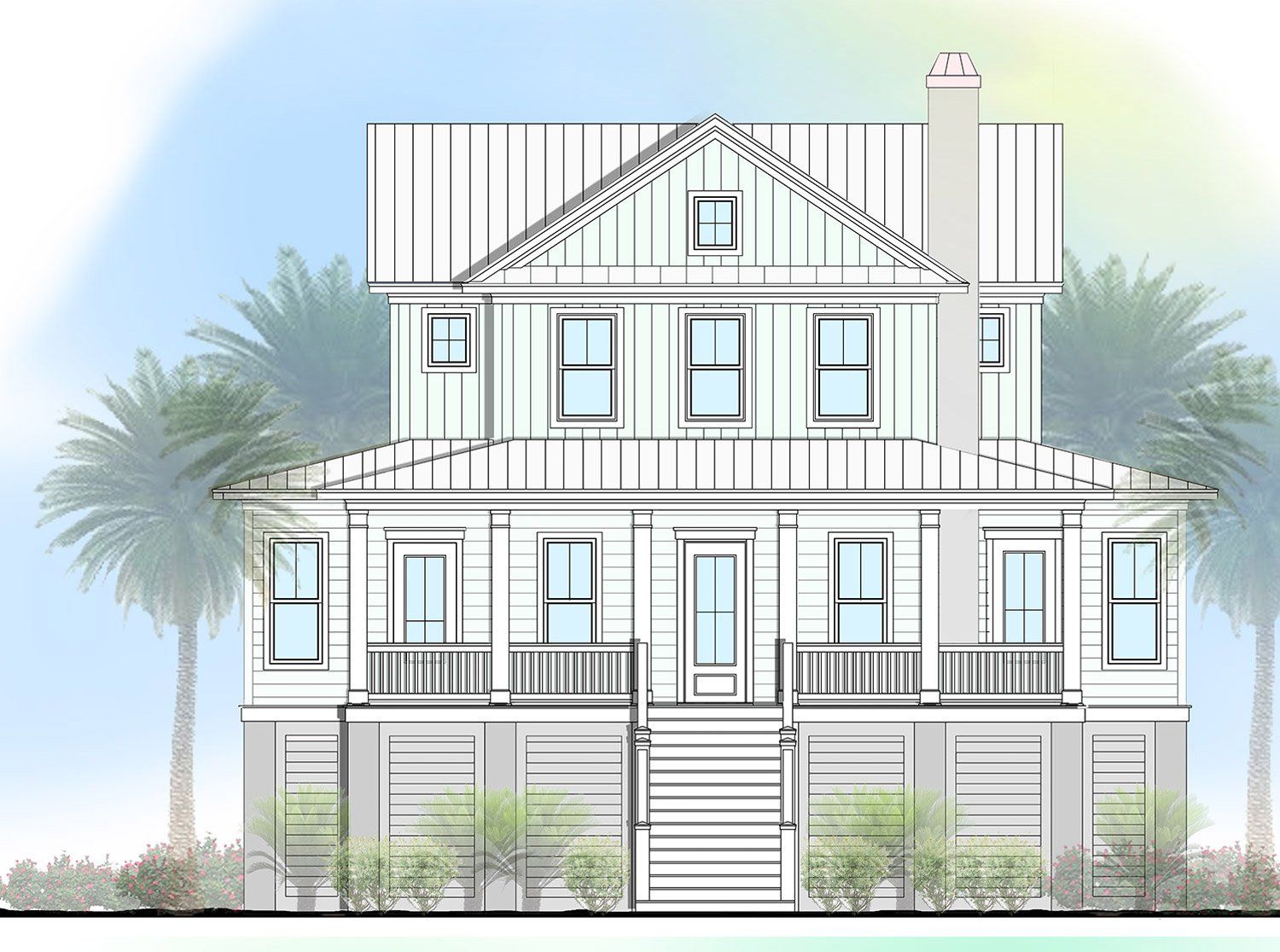 a drawing of a house with palm trees in the background .