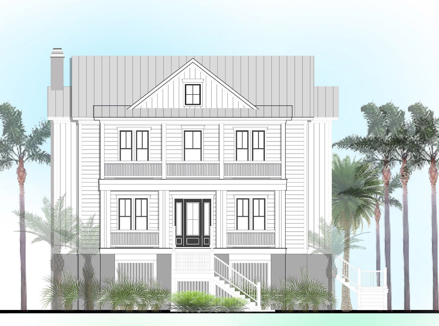 a drawing of a house with palm trees in front of it .
